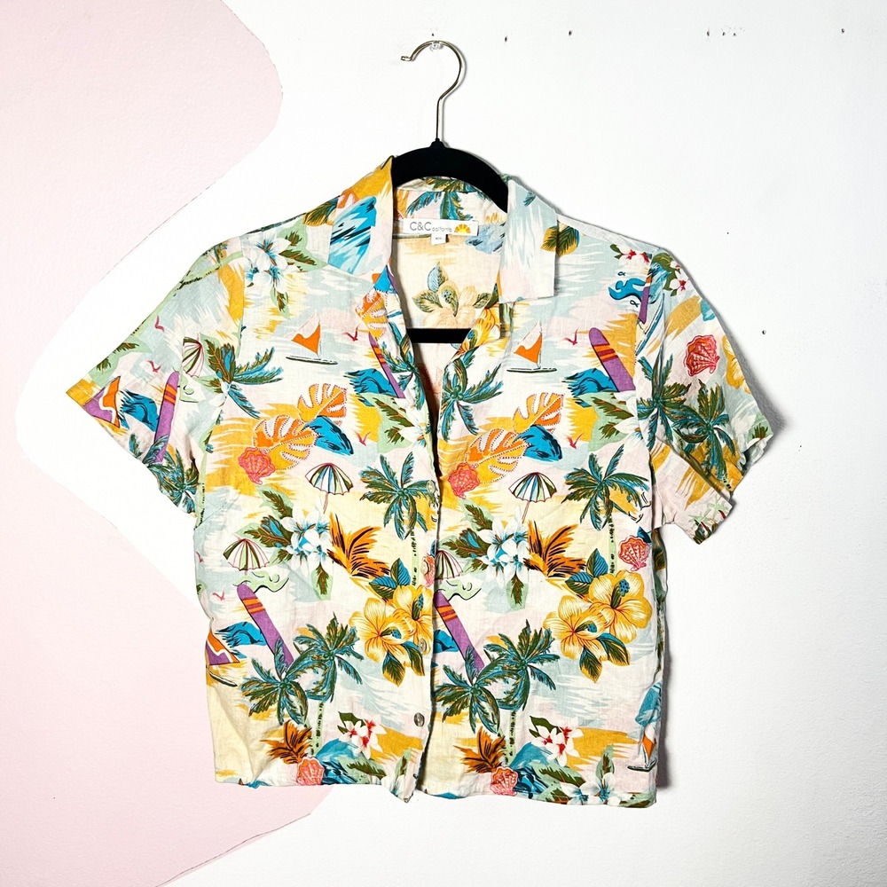 C&C California Linen Blend‎ Button Shirt Womens XS Tropical Hawaiian Print